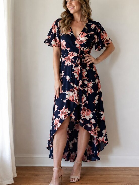 Peppermint Dresses & Skirts - Peppermint Navy Coral Floral High-Low‎ Wrap Maxi Dress L Flutter Sleeve